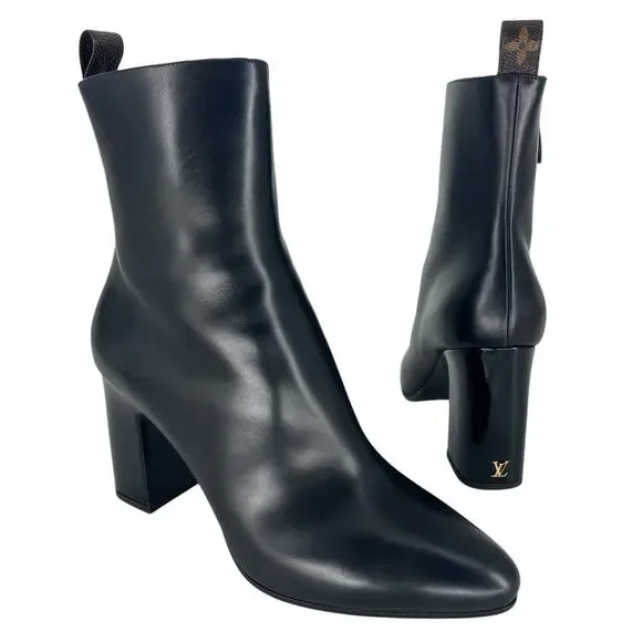 Louis Vuitton Donna Ankle Boots Black Calf Leather Monogram Studs Size 39.5 - Picture 2 of 16